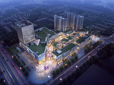Modern Commercial Street With High Rise Buildings Illuminated Plaza And Retail Shops 3d model