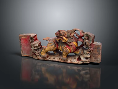 Traditional Wooden Mythical Beast Carving With Red Yellow Colors And Decorative Patterns 3d model