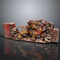 Traditional Wooden Mythical Beast Carving With Red Yellow Colors And Decorative Patterns
