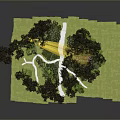 Scenic 3D Landscape Design With Green Grass Lush Trees And Yellow Structure