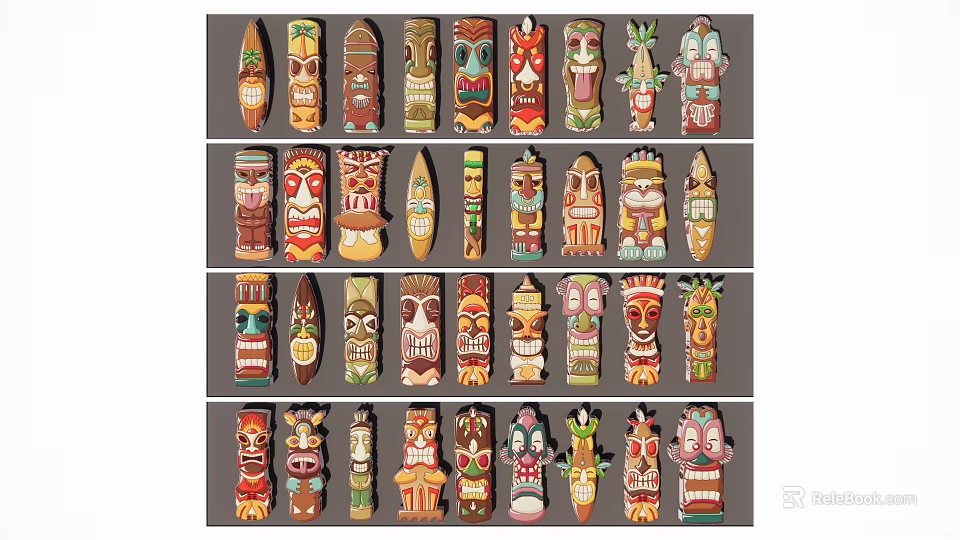 Colorful Tiki Wall Hangings In Different Styles And Shapes 3d model 