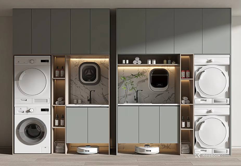 Modern Bathroom Cabinetry With Washing Machine Dryer Marble Countertop And Storage Shelves 3d model 
