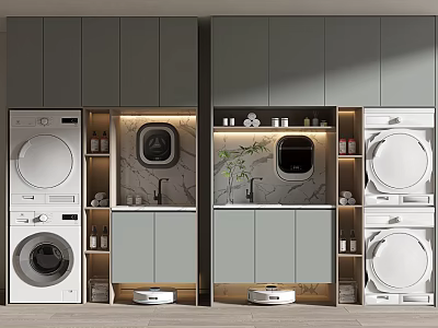 Modern Bathroom Cabinetry With Washing Machine Dryer Marble Countertop And Storage Shelves 3d model