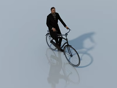 Men In Black Suits Riding Bicycles On Light Blue Background With Reflection 3d model