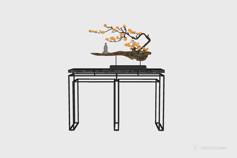 Elegant Decorative Console Table With Plum Blossom Bonsai And Small Vase 3d model