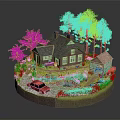 Cartoon Miniature Scene With House Trees Red Car Small Shed And Garden Path