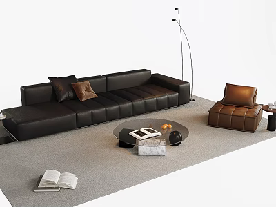 Modern Black Leather Sofa Coffee Table Set With Round Glass Top And Armchair 3d model
