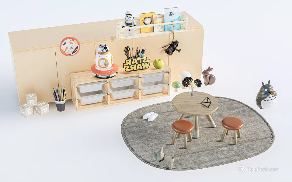 Kids Table With Stools And Star Wars Themed Decor 3d model