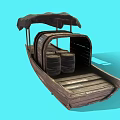 Traditional Wooden Water Transportation Boat With Brown Canopy And Large Wooden Wheel