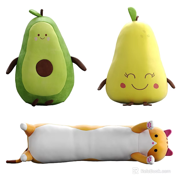 Cute Avocado And Cat Shaped Plush Toys With Smiling Faces And Soft Stuffed Design 3d model 