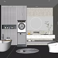 Modern Bathroom Interior With Bathtub Washing Machine Round Mirror And Marble Countertop