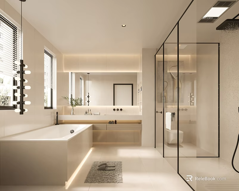 Modern Bathroom Interior Design With Bathtub Glass Shower Vanity And Mirror 3d model 