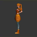 Woman With Orange Hair Wearing Orange Dress Green Gem Necklace Blue Tights And Orange Boots