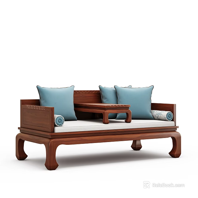 Chinese Style Luohan Bed with Wooden Frame Blue Cushions and Small Tea Table 3d model 