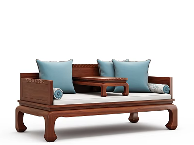 Chinese Style Luohan Bed with Wooden Frame Blue Cushions and Small Tea Table 3d model