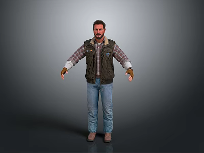 A Man Standing In Gray Background Wearing Plaid Shirt Vest Jeans And Brown Gloves 3d model
