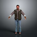 A Man Standing In Gray Background Wearing Plaid Shirt Vest Jeans And Brown Gloves