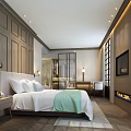 Luxurious Hotel Room Interior With Wooden Panel Walls King Bed Green Bedding And Fireplace
