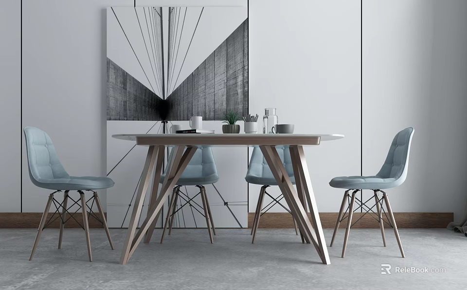 Modern Round Dining Table Set With Light Blue Chairs And Geometric Artwork 3d model
