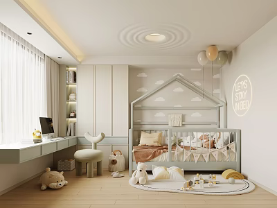 Cozy Modern Nursery Room With Crib Toys Desk And Cloud Decor 3d model