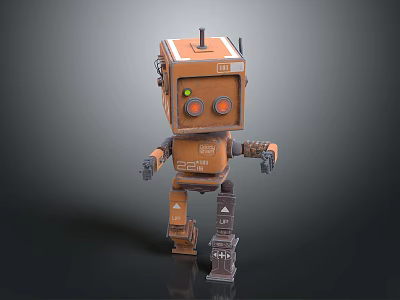 Brown Robot Character With Antenna Square Body And Orange Eyes 3d model