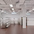 Bright Commercial Kitchen Interior With Stainless Steel Equipment Tile Floor Hanging Signs And Working Chefs