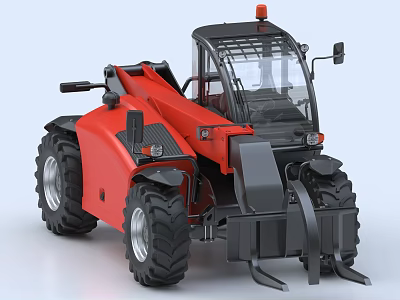Red Utility Vehicle With Black Cab Large Tires And Front Mechanical Arm Grabber 3d model