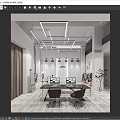 Modern Public Office Space Interior With Geometric Pendant Lights Long Desk Computers And Chairs