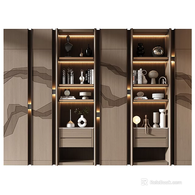 Modern Wooden Bookcase With LED Lighting Decorative Items And Wavy Panel Design 3d model