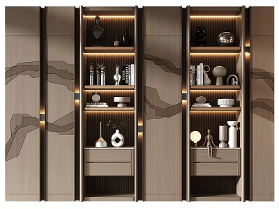 Modern Wooden Bookcase With LED Lighting Decorative Items And Wavy Panel Design 3d model