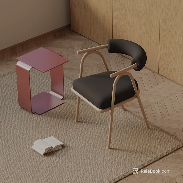 Wooden Frame Dining Chair With Black Cushion Red Side Table And Herringbone Floor 3d model 