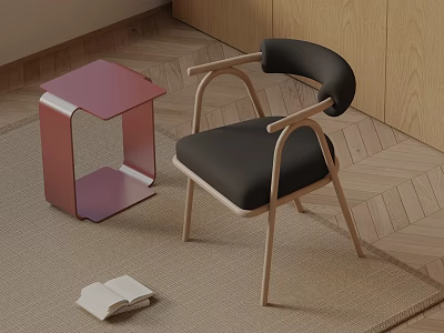 Wooden Frame Dining Chair With Black Cushion Red Side Table And Herringbone Floor 3d model