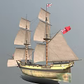 Classic Tall Sailing Ship with Multiple White Sails British Flags Red Flag and Wooden Hull