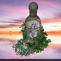 Floral Installation Featuring Transparent Bottle Structure Purple Flowers Green Plants And Sunset Water Background