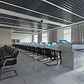 Modern Computer Classroom Interior With Arranged Desks Chairs Windows And Ceiling 3d model