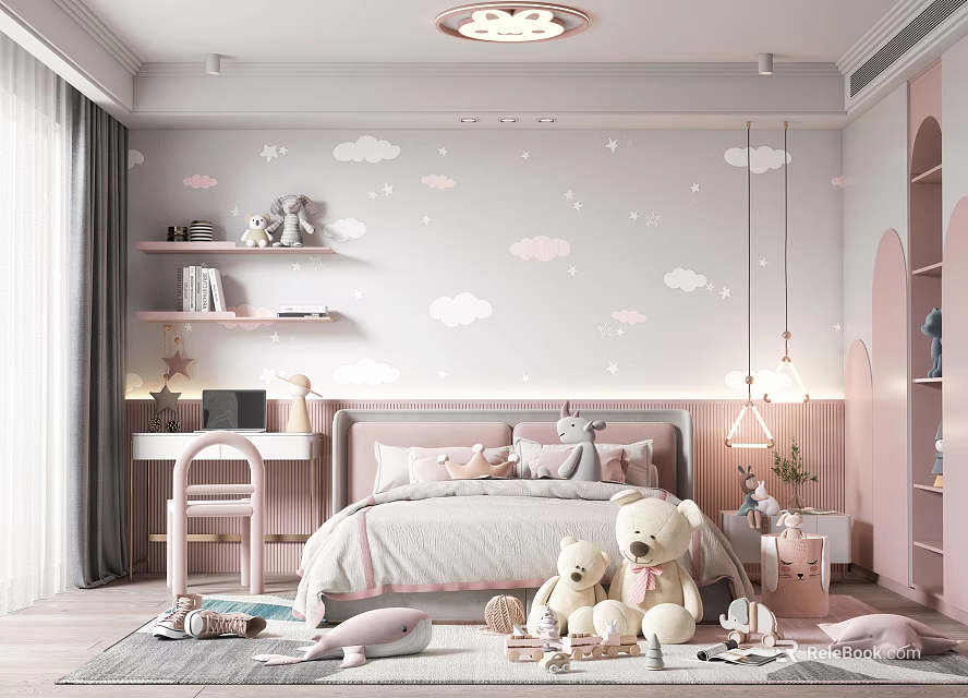 Cozy Kids Bedroom With Pastel Colors Cloud Wall Art And Plush Toys 3d model 