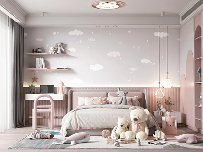 Cozy Kids Bedroom With Pastel Colors Cloud Wall Art And Plush Toys 3d model