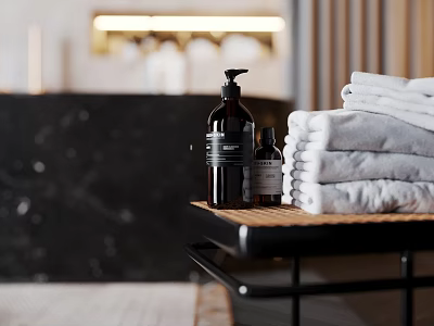 Modern Bathroom Accessories With Pump Bottles Stacked Towels And Marble Backdrop 3d model
