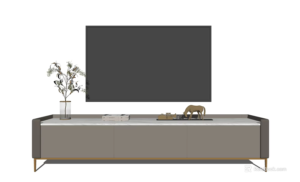 Modern TV Stand with TV Screen and Marble Top Featuring Vase Animal Figurine and Books 3d model 
