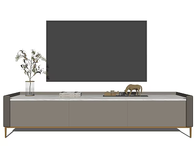 Modern TV Stand with TV Screen and Marble Top Featuring Vase Animal Figurine and Books 3d model
