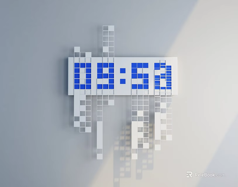 Modern Digital Wall Clock With Pixel Style Blocks On Gray Wall 3d model 