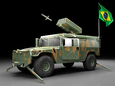 Camouflaged Military Vehicle Equipped With Missile Launcher And Brazilian Flag 3d model
