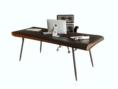 Modern Home Office Desk With Black Leather Chair iMac Computer And Notebook On Tabletop 3d model