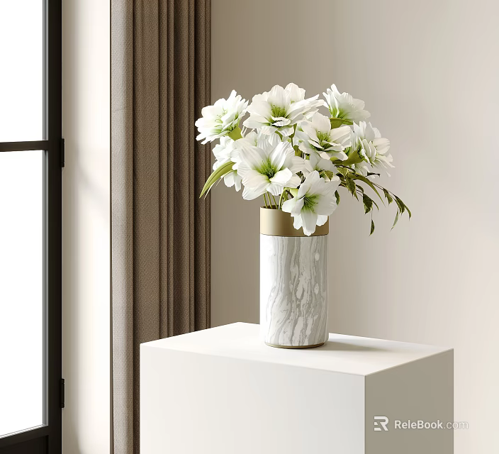 Elegant White Flowers in Marble Vase Placed on White Table Near Window With Curtain 3d model 
