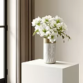 Elegant White Flowers in Marble Vase Placed on White Table Near Window With Curtain