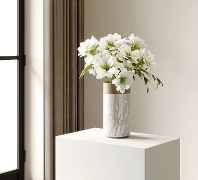 Elegant White Flowers in Marble Vase Placed on White Table Near Window With Curtain 3d model