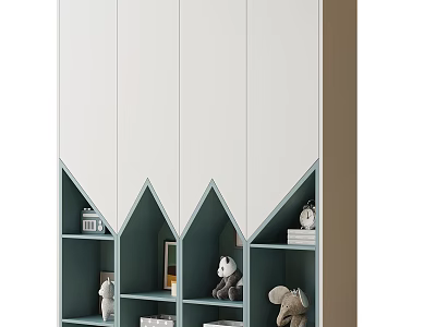 Modern White and Light Blue Wardrobe with Geometric Open Storage Shelves and Decorative Items 3d model