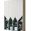 Modern White and Light Blue Wardrobe with Geometric Open Storage Shelves and Decorative Items