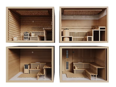 Wooden SPA Sauna Interior Design With Benches Shelves And Wooden Walls 3d model