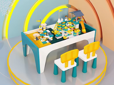 Colorful Kids Table with Building Blocks and Two Yellow Chairs for Playful Learning 3d model